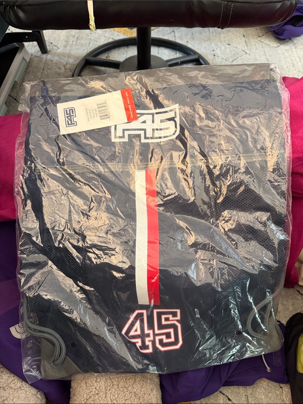 F45 Graphic Navy Drawstring Gym Sack with Vertical Red-White Stripe